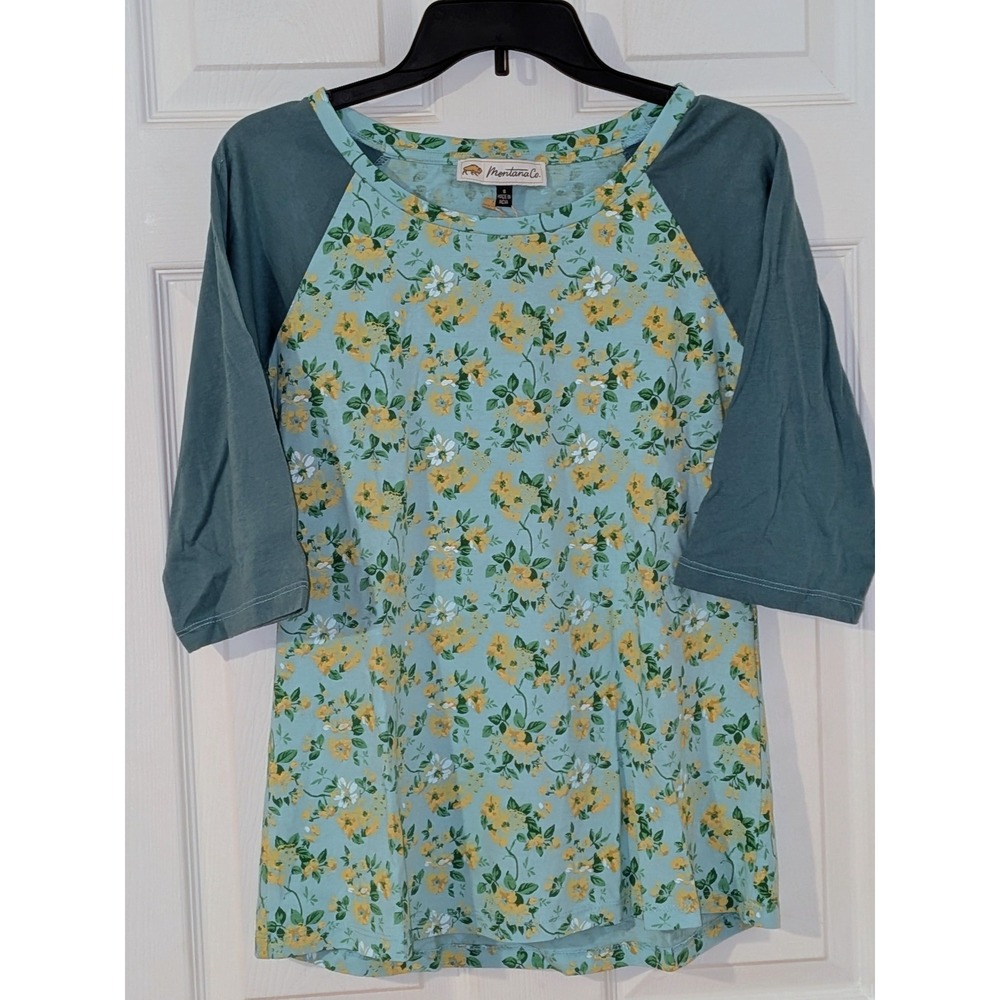 Montana Co Women Floral Raglan 3/4 Sleeve Graphic Back Tee Blue Yellow Small NEW